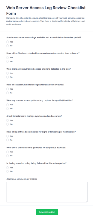Web Server Access Log Review Checklist Form Template
