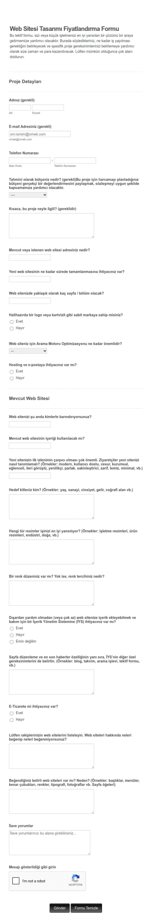 Web Sitesi Fiyat Teklif Form Şablonu