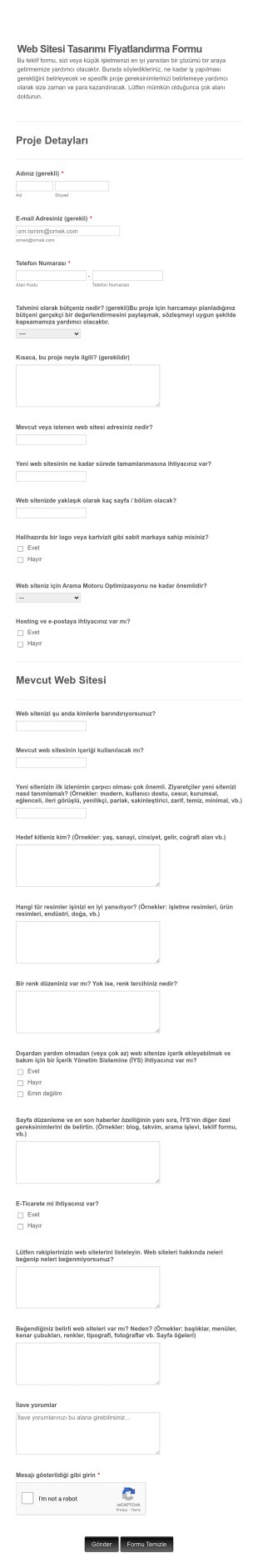 Web Sitesi Fiyat Teklif Form Şablonu