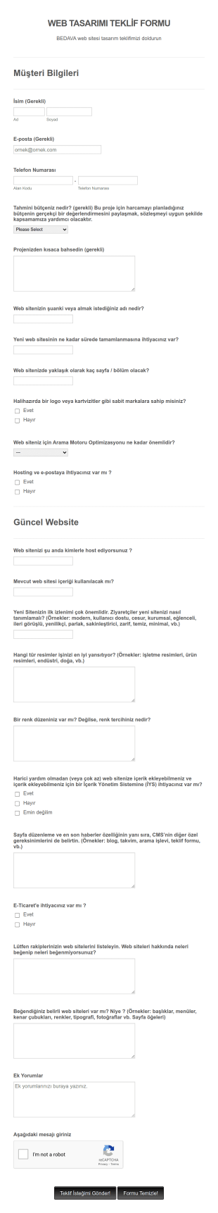 Web Sitesi Fiyat Teklifi Ve Sipariş Form Template