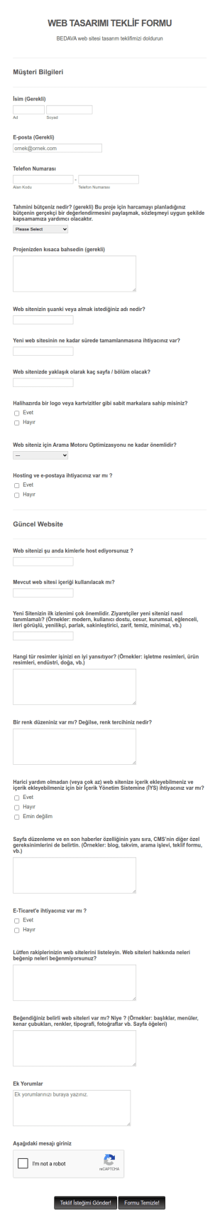 Web Sitesi Fiyat Teklifi Ve Sipariş Form Şablonu