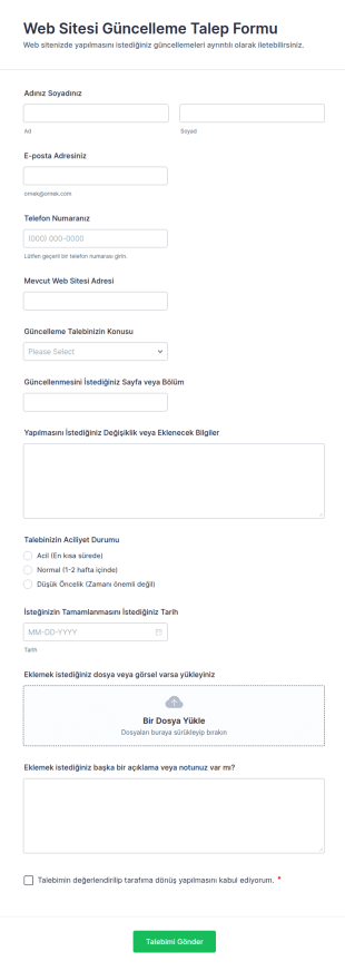 Web Sitesi Güncelleme Talep Form Şablonu