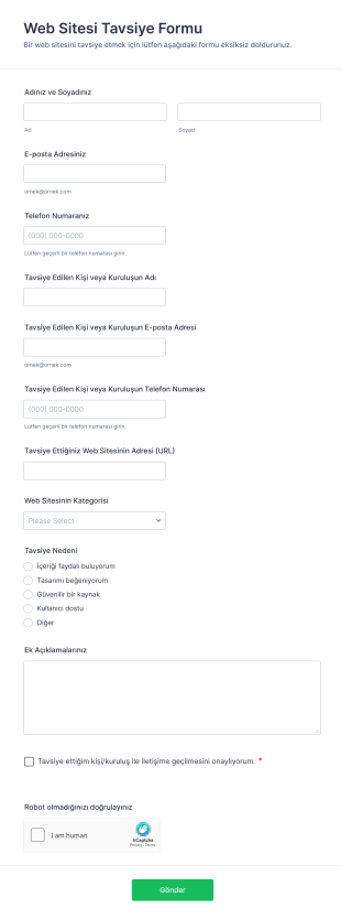 Web Sitesi Tavsiye Form Şablonu