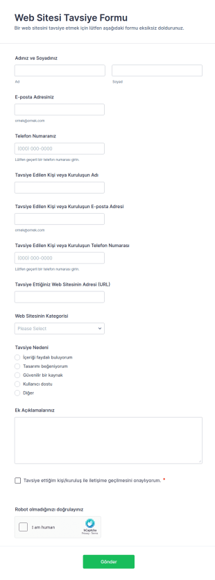 Web Sitesi Tavsiye Form Şablonu