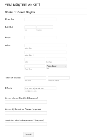 Web Tasarımcısı Müşteri Anketi Form Şablonu