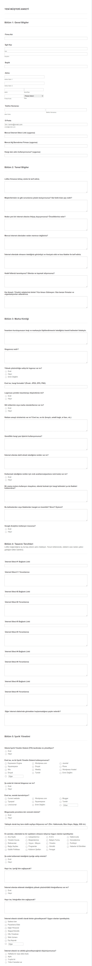 Web Tasarımcısı Müşteri Anketi Form Şablonu
