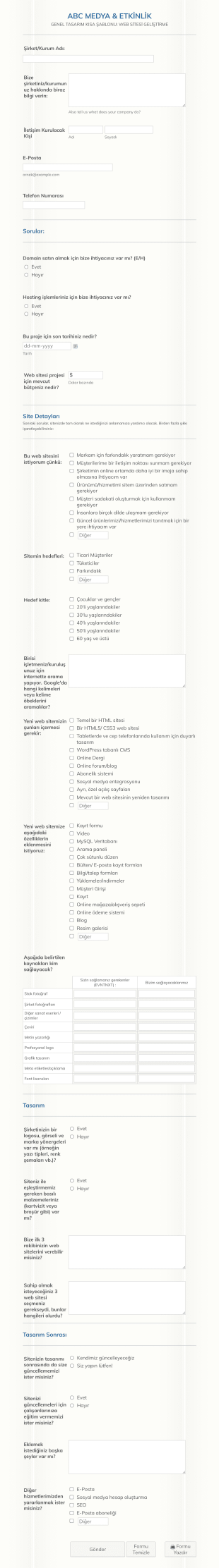 Web Tasarımı Müşteri Soru Form Şablonu