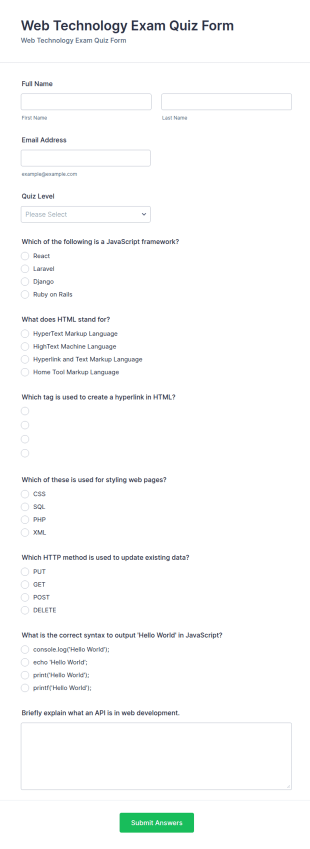 Web Technology Exam Quiz Form Template