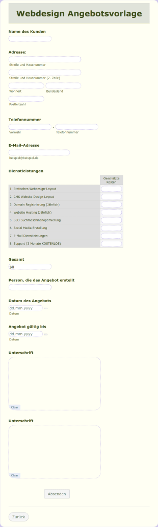 Webdesign Angebot Form Template