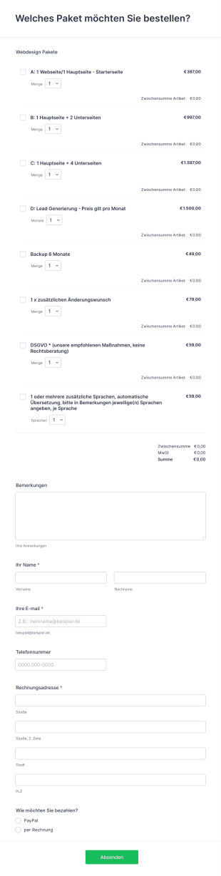 Webdesign Bestellformular Form Template