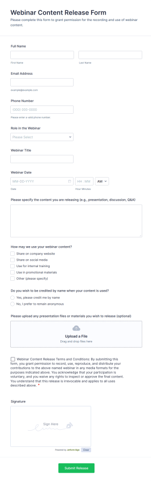 Webinar Content Release Form Template