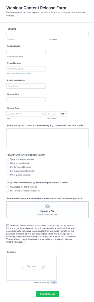 Webinar Content Release Form Template