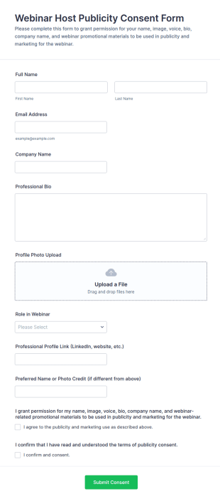Webinar Host Publicity Consent Form Template