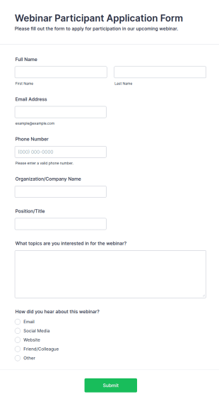 Webinar Participant Application Form Template