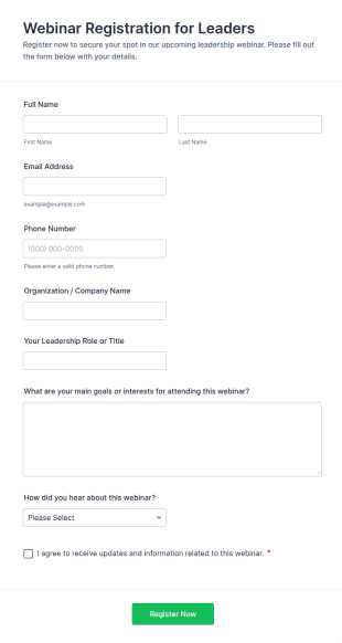 Webinar Registration For Leaders Form Template