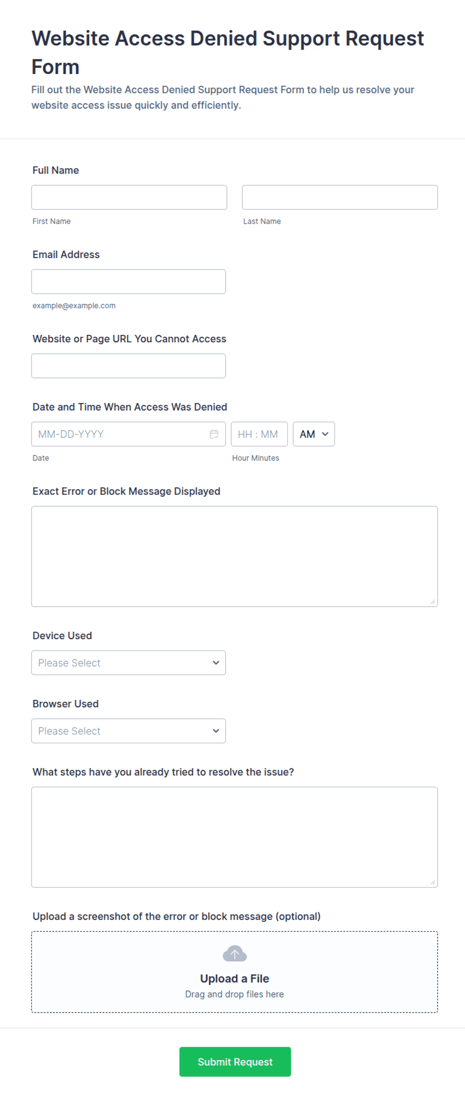 Website Access Denied Support Request Form Template | Jotform