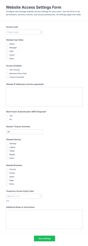 Website Access Settings Form Template