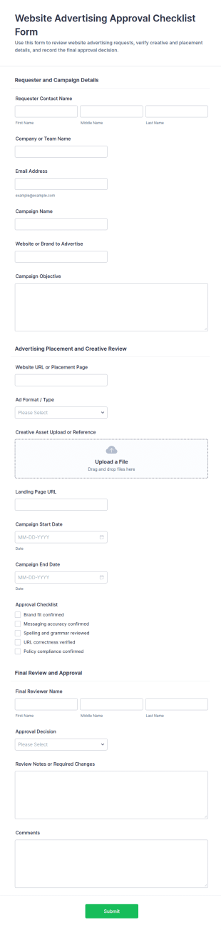 Website Advertising Approval Checklist Form Template