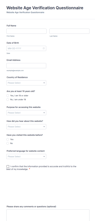 Website Age Verification Questionnaire Form Template