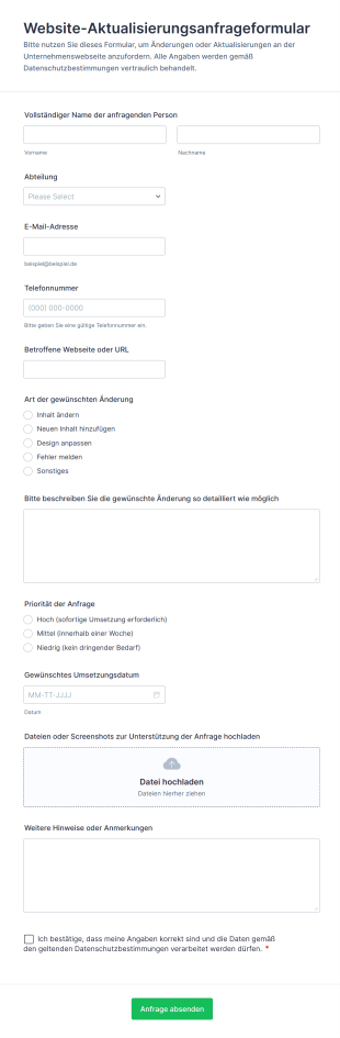 Website Aktualisierungsanfrageformular
