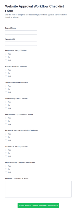 Website Approval Workflow Checklist Form Template