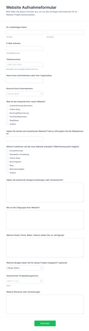 Website Aufnahmeformular