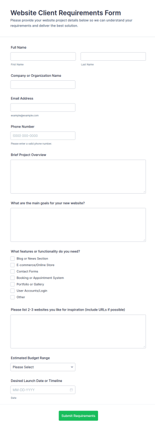 Website Client Requirements Form Template