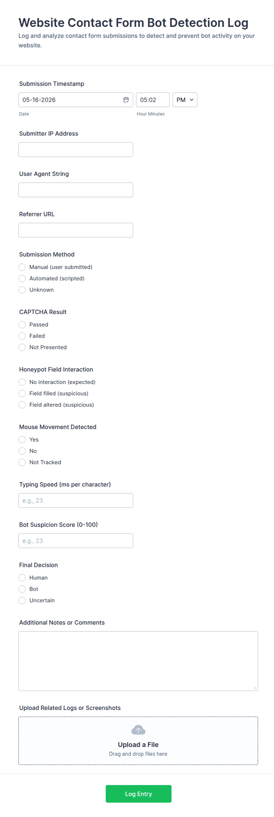 Website Contact Form Bot Detection Log Form | Jotform