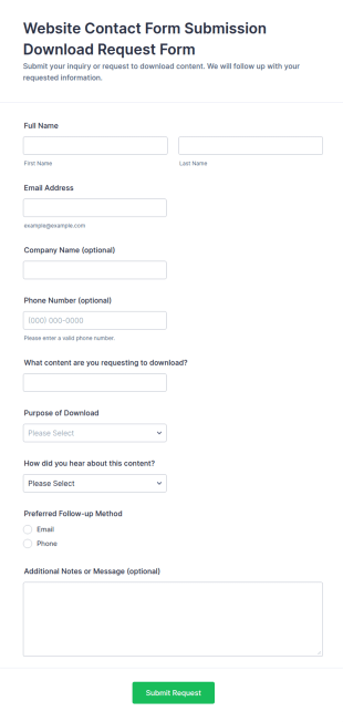 Website Contact Form Submission Download Request Form