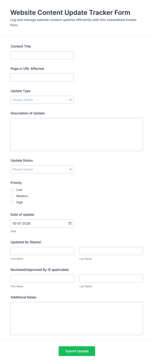 Website Content Update Tracker Form Template