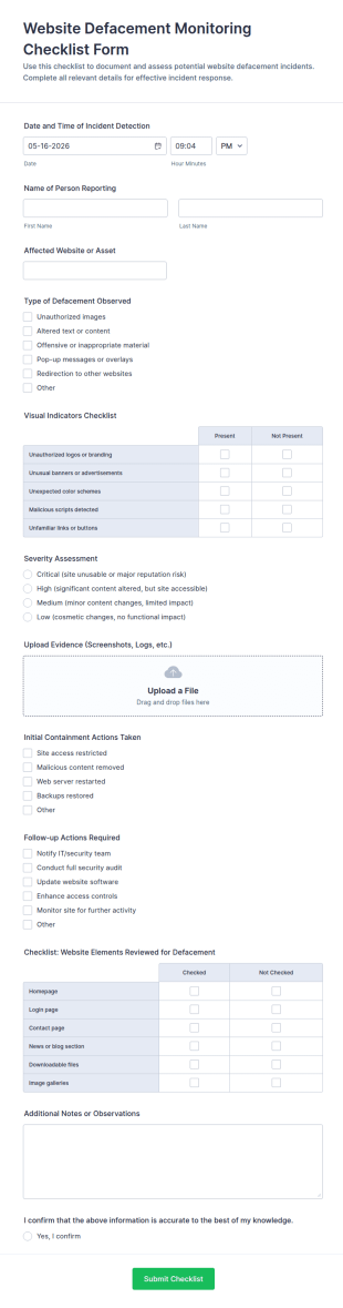 Website Defacement Monitoring Checklist Form Template