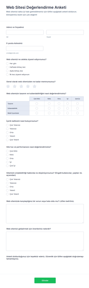 Website Değerlendirme Anketi Form Şablonu