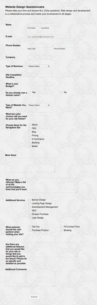 Website Design And Development Form Template