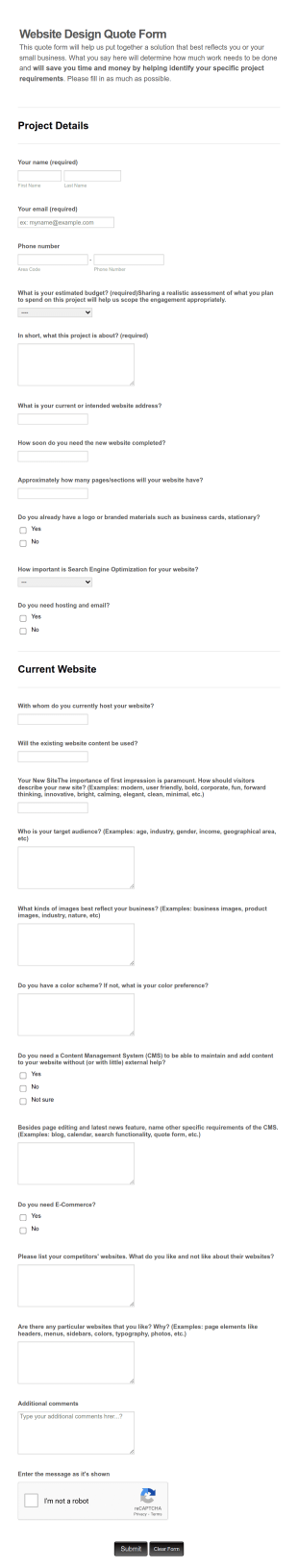 Website Design Order Form Template
