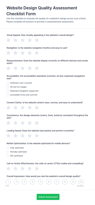 Website Design Quality Assessment Checklist Form Template