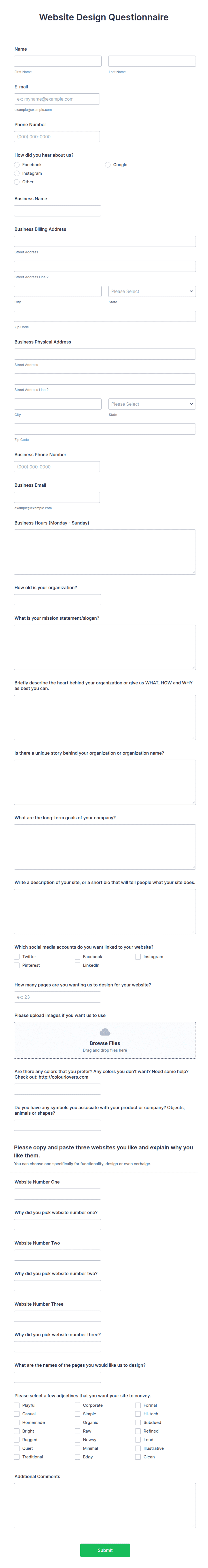 Website Question Collection Form Website Design Questionnaire Form Template | Jotform