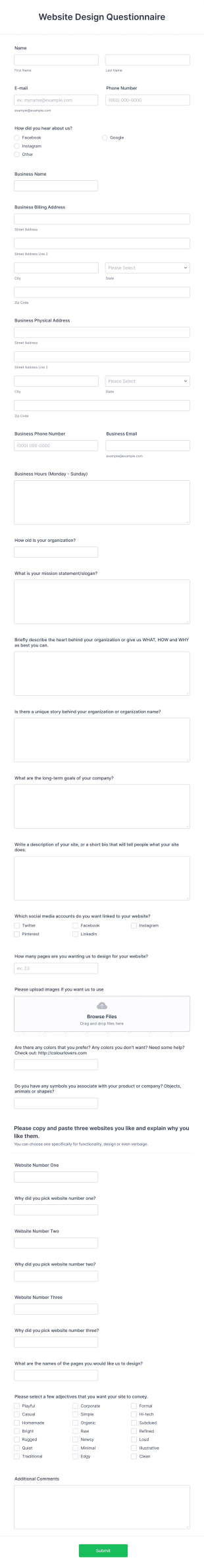 Website Design Questionnaire Form Template