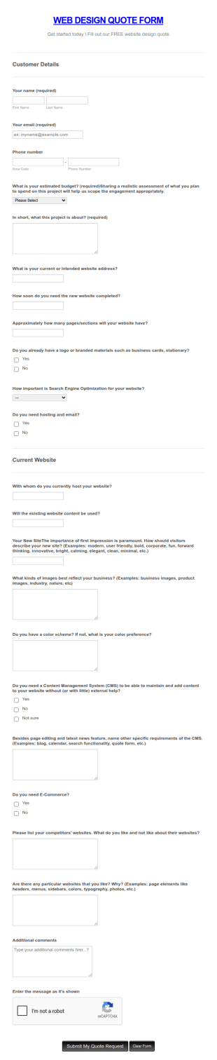 Website Design Quote And Order Form Template