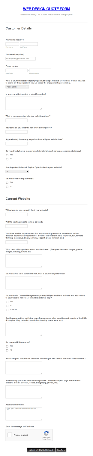 Website Design Quote And Order Form Template