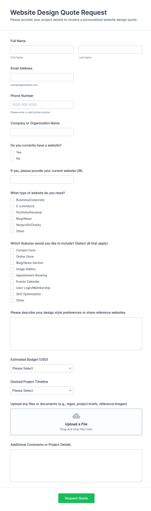 Website Design Quote Request Form Template