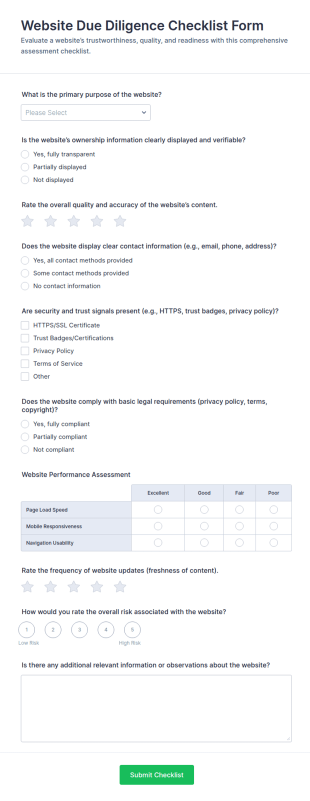 Website Due Diligence Checklist Form Template