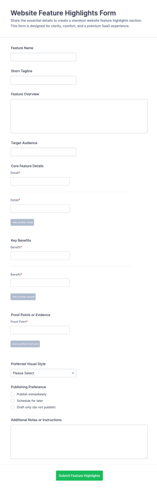 Website Feature Highlights Form Template