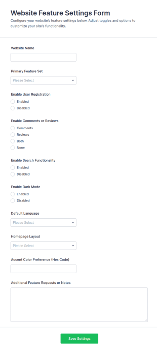 Website Feature Settings Form Template