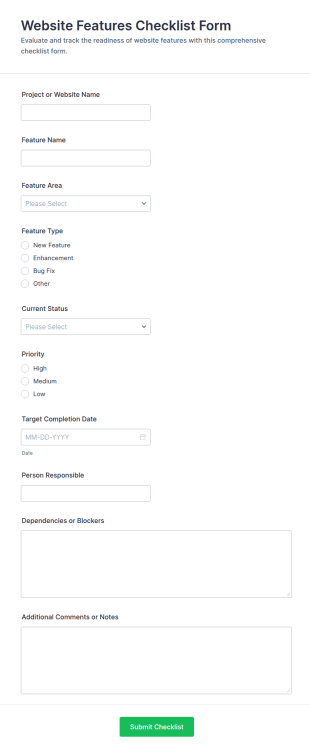 Website Features Checklist Form Template