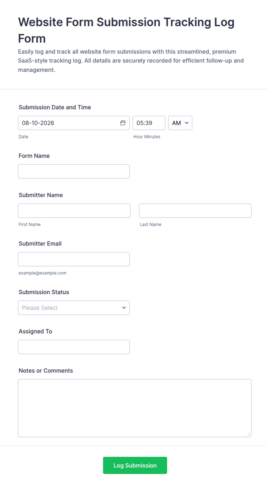 Website Form Submission Tracking Log | Jotform