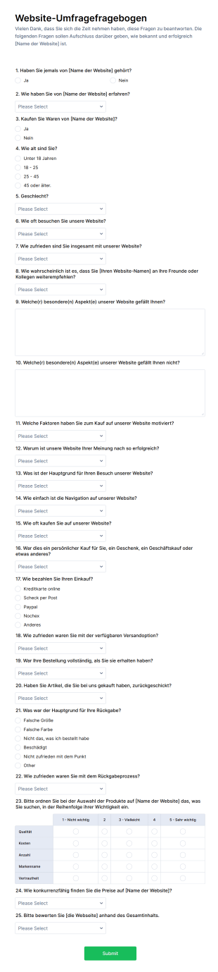 Website Fragebogen Formular