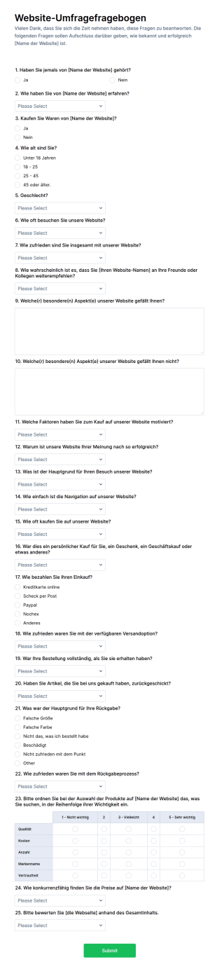 Website Fragebogen Formular