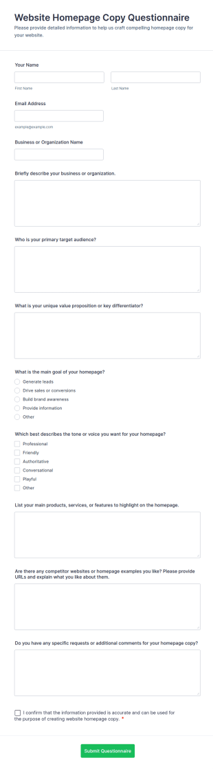 Website Homepage Copy Questionnaire Form Template