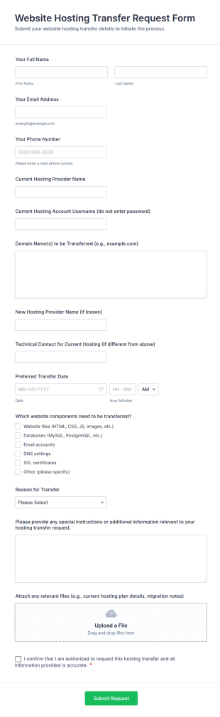 Website Hosting Transfer Request Form Template