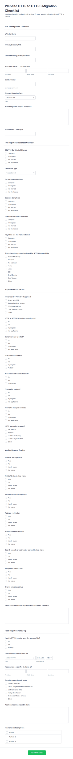 Website HTTP To HTTPS Migration Checklist Form Template